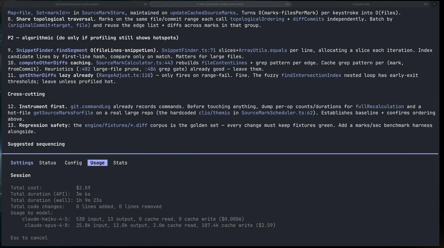 A terminal shows algorithmic optimization suggestions above a session usage panel.