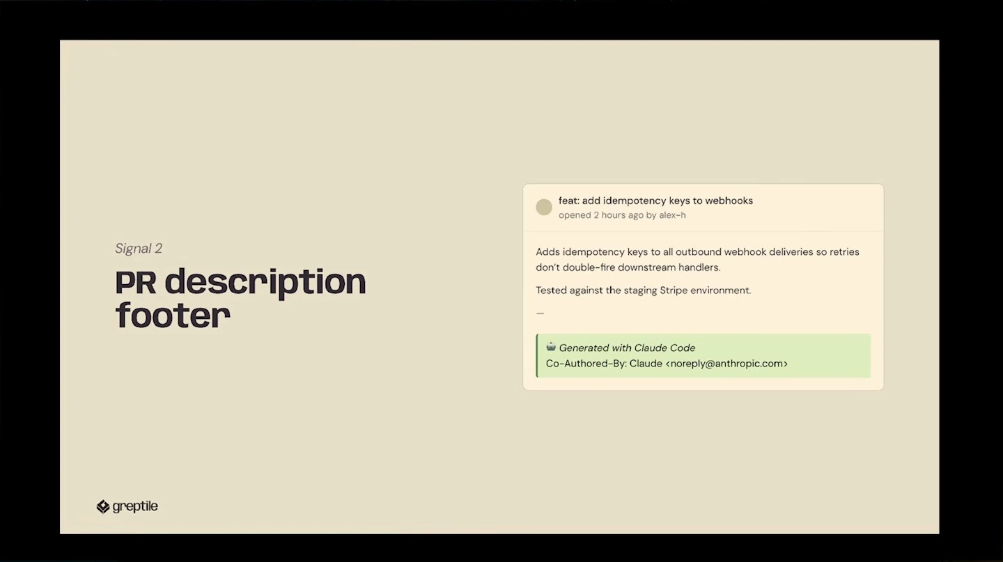 The second signal is a pull request description footer indicating that an AI coding tool generated or co-authored the change.