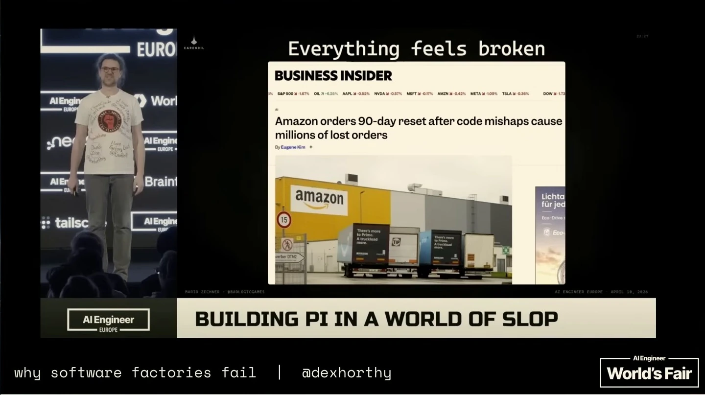An embedded slide shows a Business Insider headline about an Amazon reset after code mishaps and lost orders.