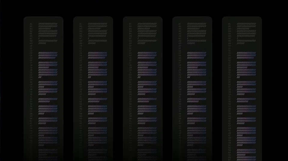 Five vertical panels of numbered code-like marks.