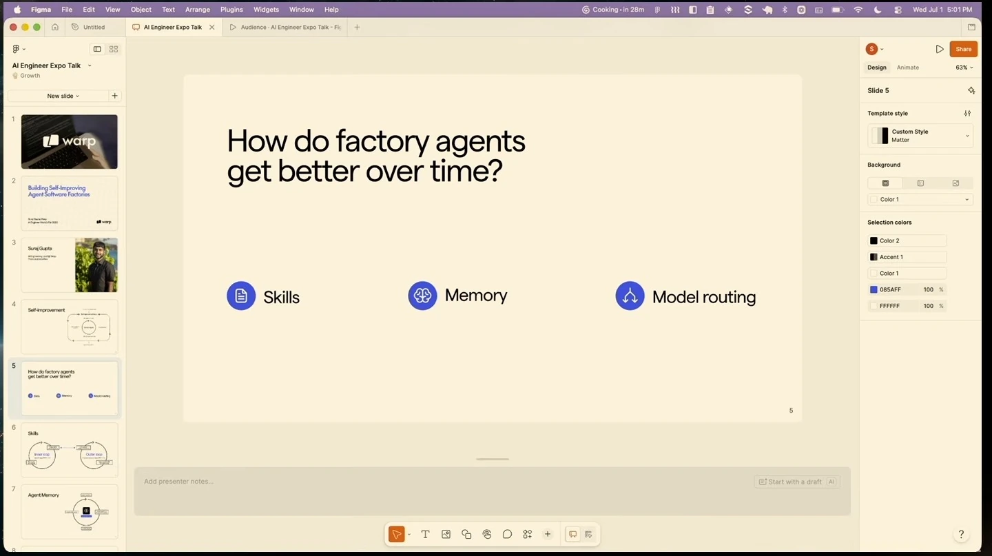 The slide lists skills, memory, and model routing as ways factory agents improve.
