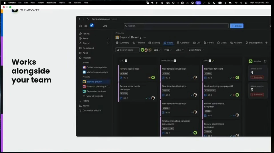 AutoDev slide showing a Jira project board with work in progress and review indicators.