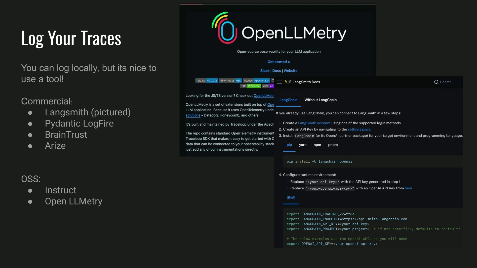 A slide lists commercial and open-source tracing tools alongside documentation screenshots.