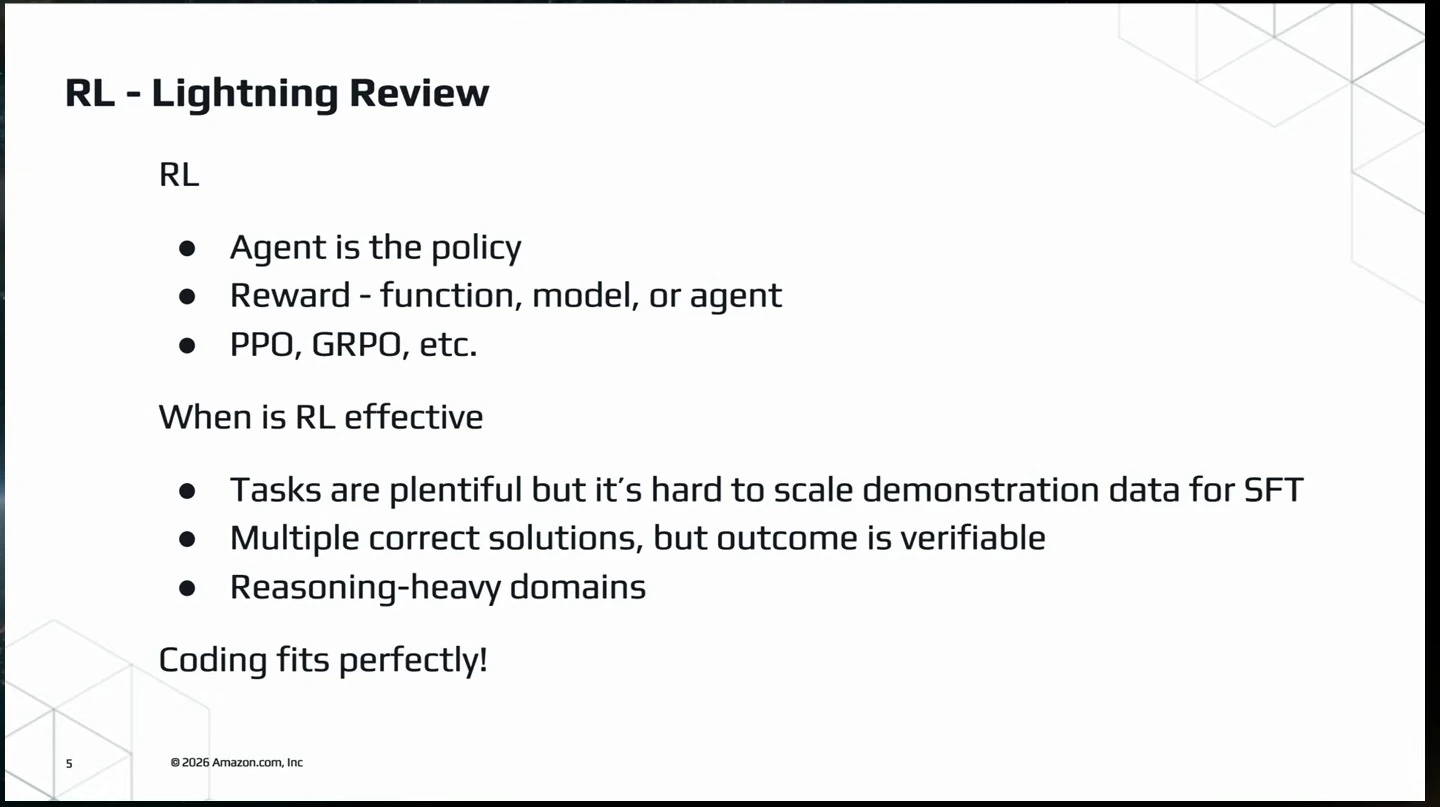 Review of RL policies, rewards and algorithms, and conditions where RL is effective; coding is given as an example.