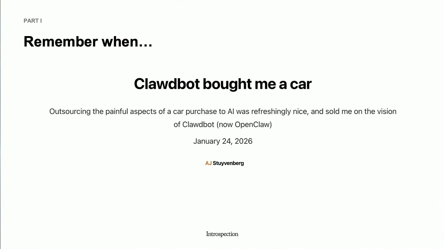 An article headline describes using Clawdbot, now OpenClaw, to help purchase a car.