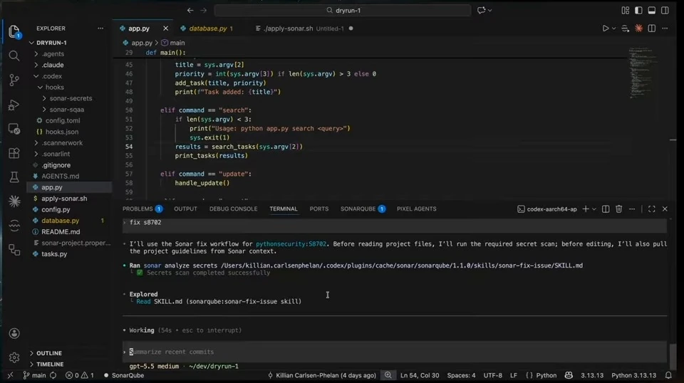 Codex reports a successful secret scan and reads the fix workflow instructions.