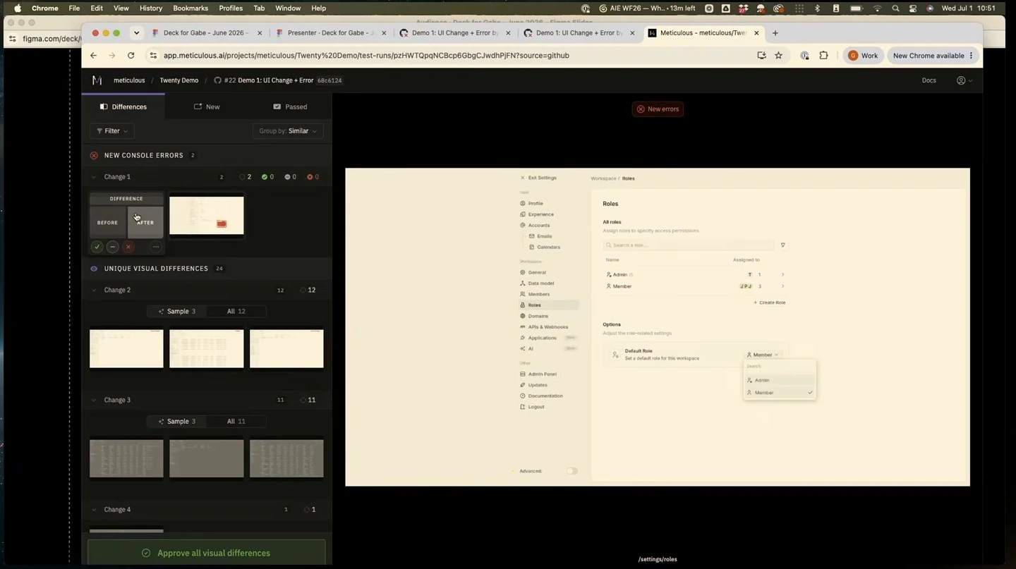 A roles settings screen appears in the review panel with a new-errors indicator.