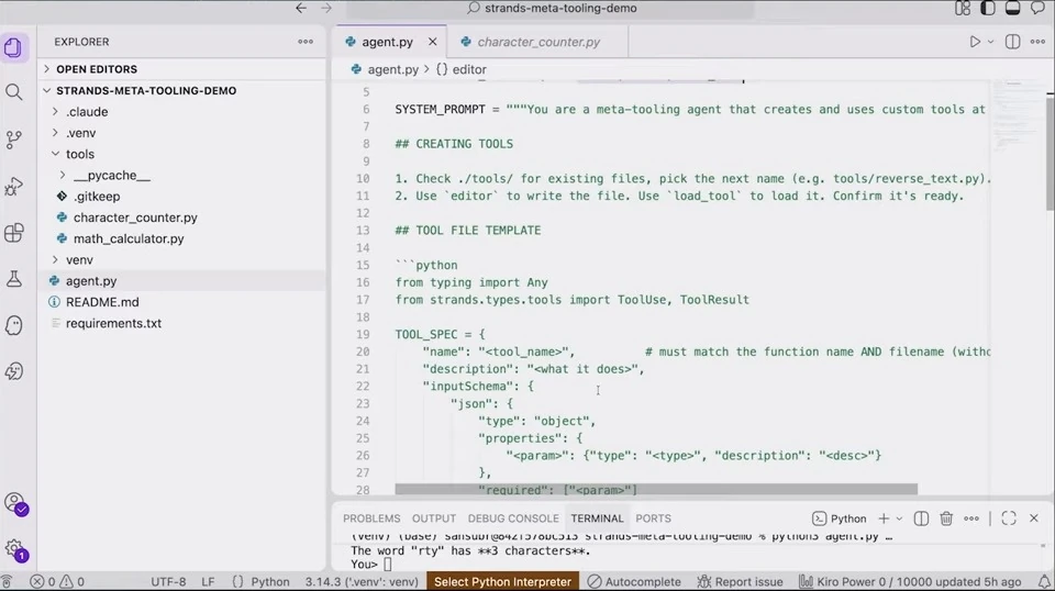 Editor showing tool creation instructions and a template for a tool's input schema.