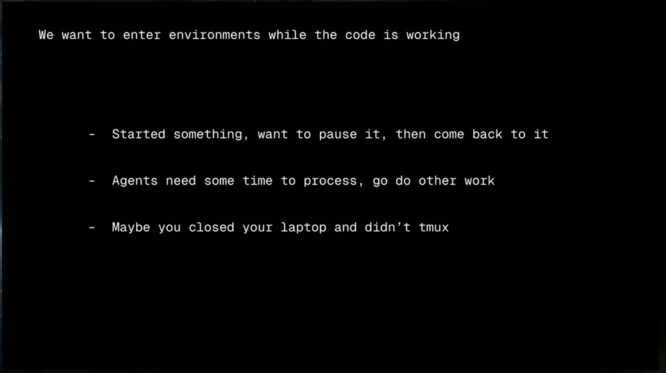 Reasons to pause and return to an environment include long agent tasks and closing a laptop.