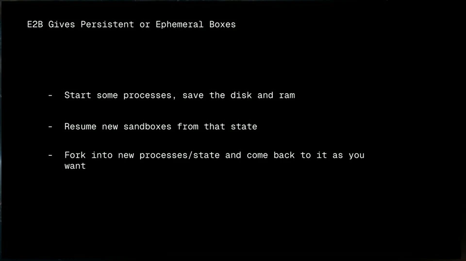 E2B describes saving disk and memory, resuming sandboxes, and forking processes or state.