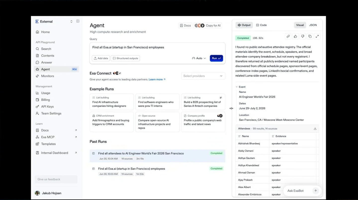 Exa Agent interface showing a completed conference attendee research result and a table of participants.