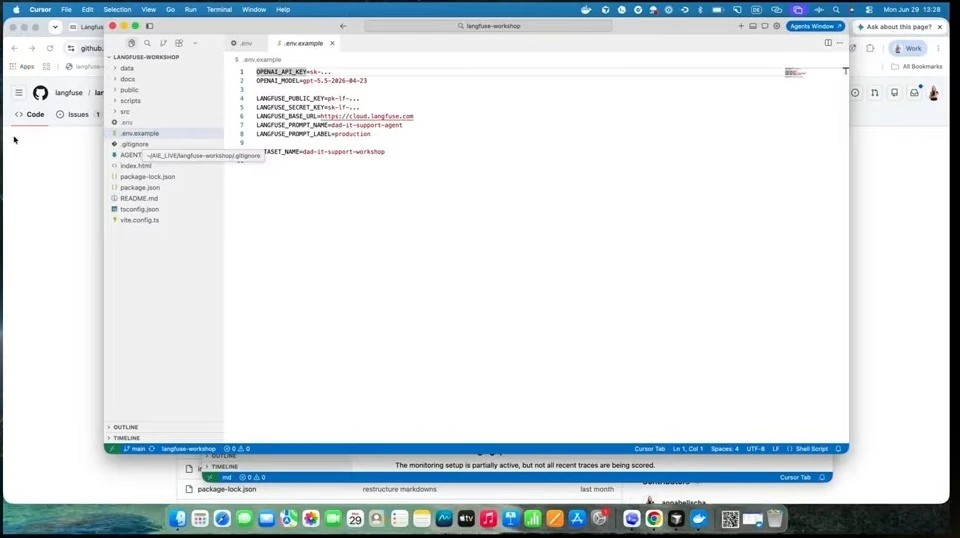 An editor shows an example environment file for the workshop.