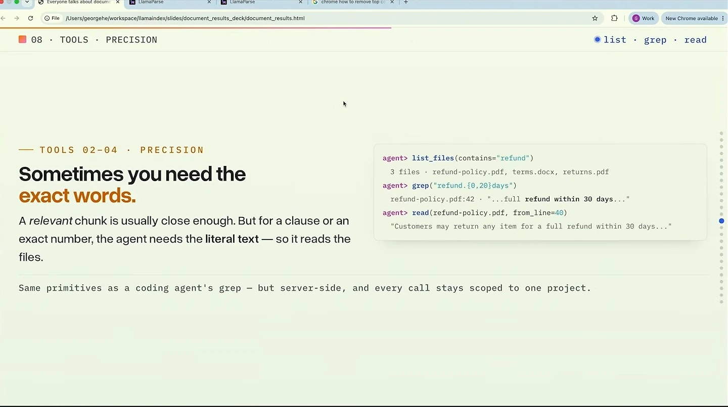 A slide explains the need for literal text and shows a list, grep, and read sequence.