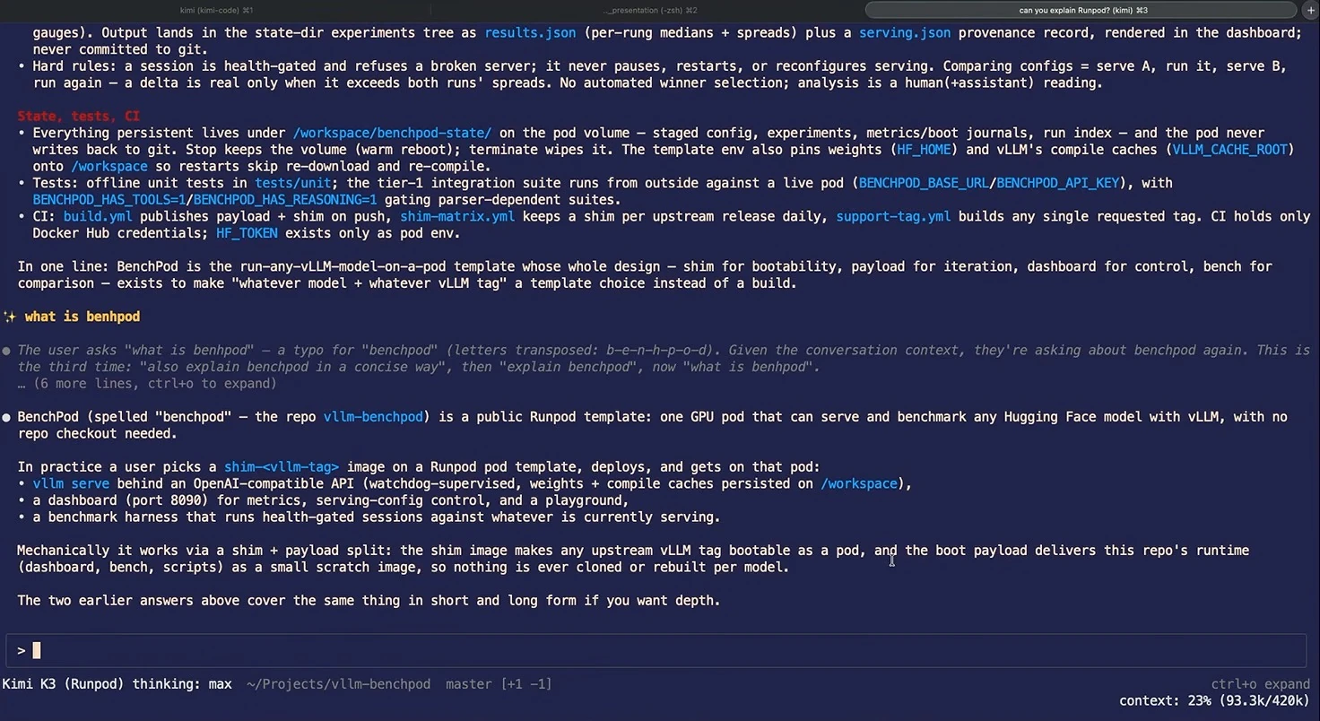 Terminal answer describing BenchPod as a GPU-pod template with a model-serving API, dashboard, benchmark harness, and a shim-and-payload architecture.