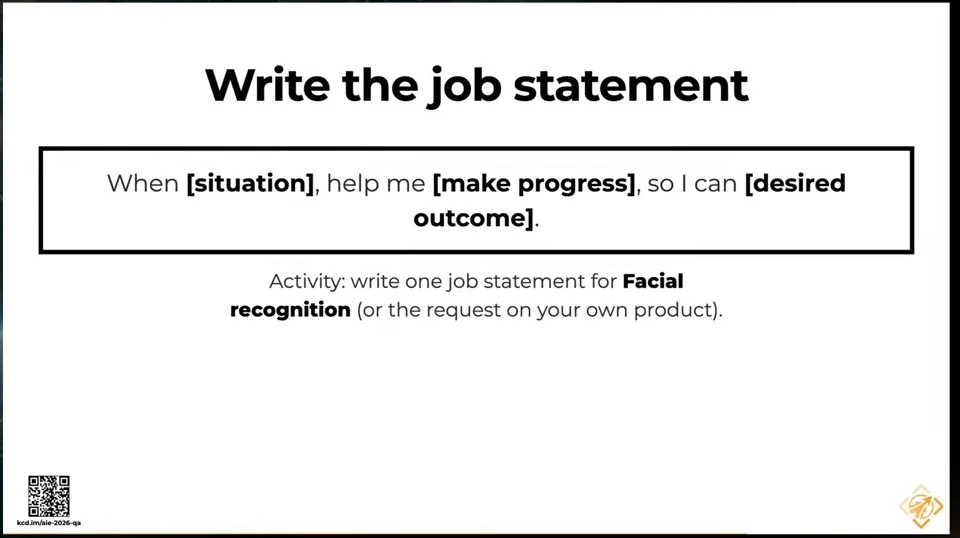 A template connects a situation, desired progress, and outcome; an activity asks participants to write a job statement.