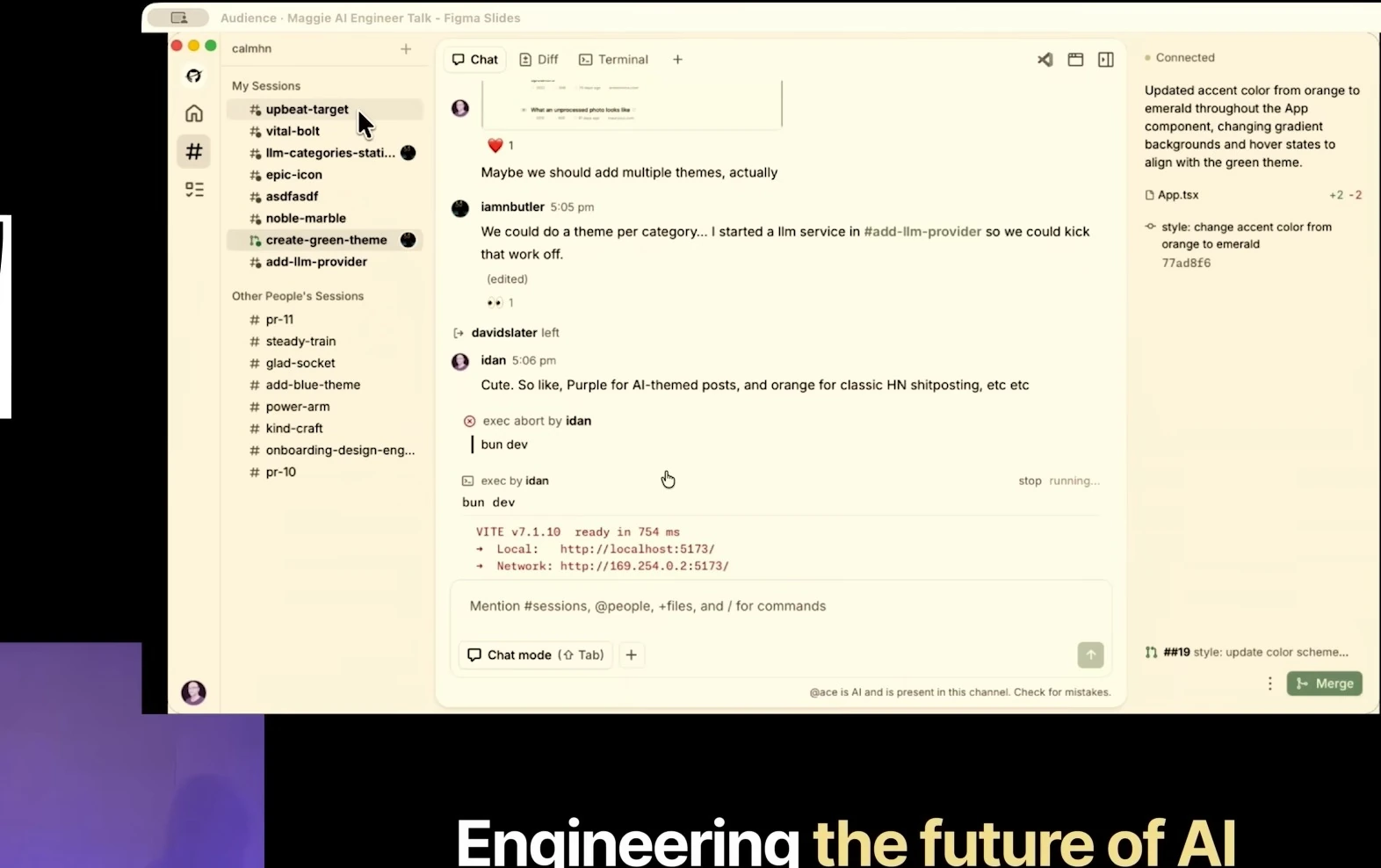 Ace session with a chat, session list, terminal output, and change summary.