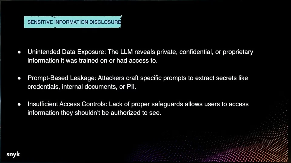 Slide describes unintended data exposure, prompt-based leakage, and insufficient access controls.