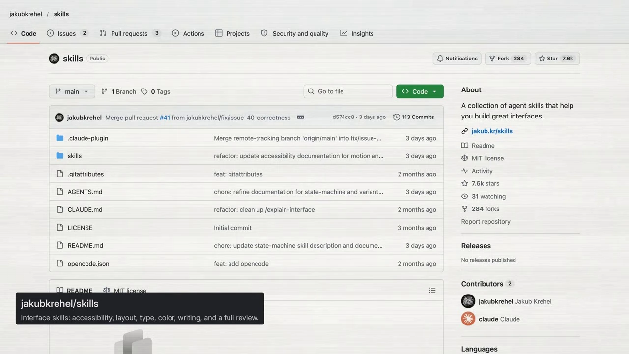 GitHub overview of the jakubkrehel skills repository, with a caption describing its interface skills.