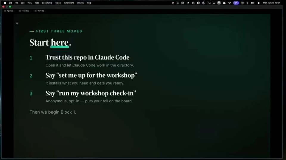 Three workshop setup steps: trust the repository in Claude Code, run setup, and run the workshop check-in.