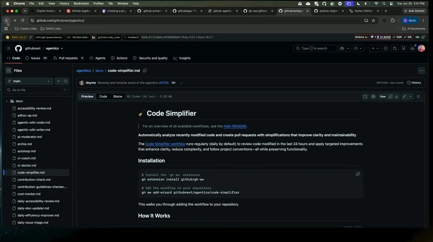 GitHub documentation describing the Code Simplifier workflow and its installation.