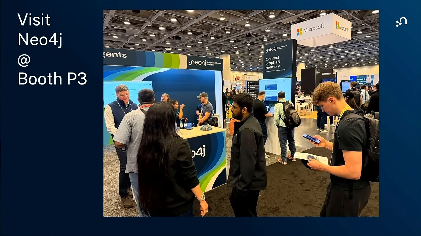 Invitation to visit Neo4j at Booth P3 beside a photograph of an expo booth.