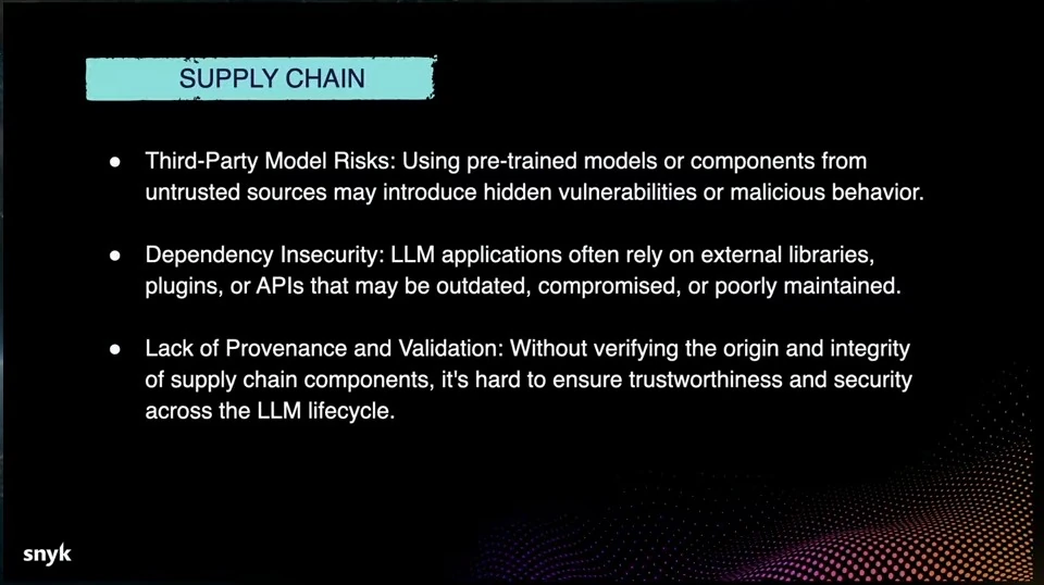 Slide describes third-party model risks, dependency insecurity, and lack of provenance and validation.
