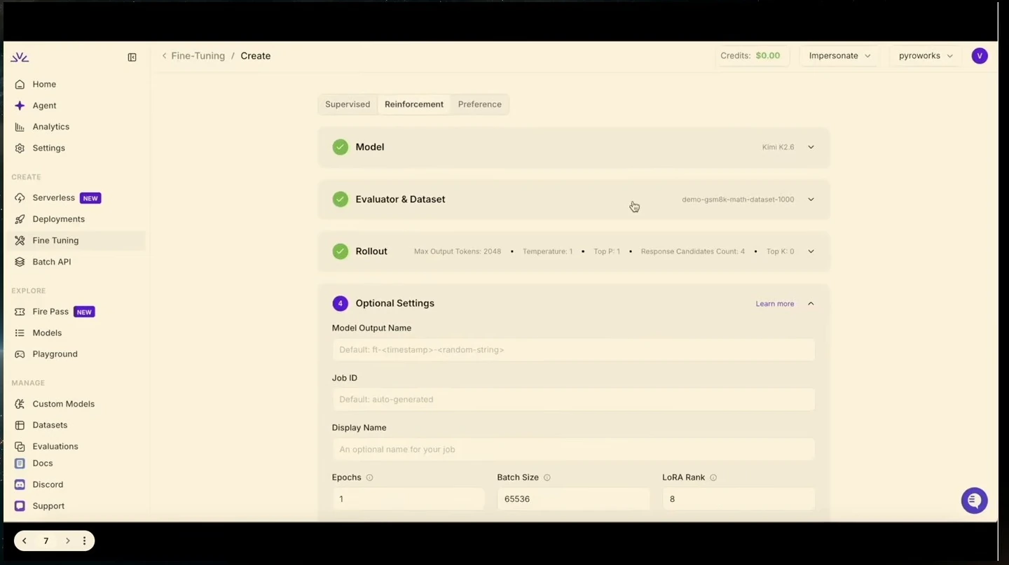 Reinforcement fine-tuning form with optional settings expanded.