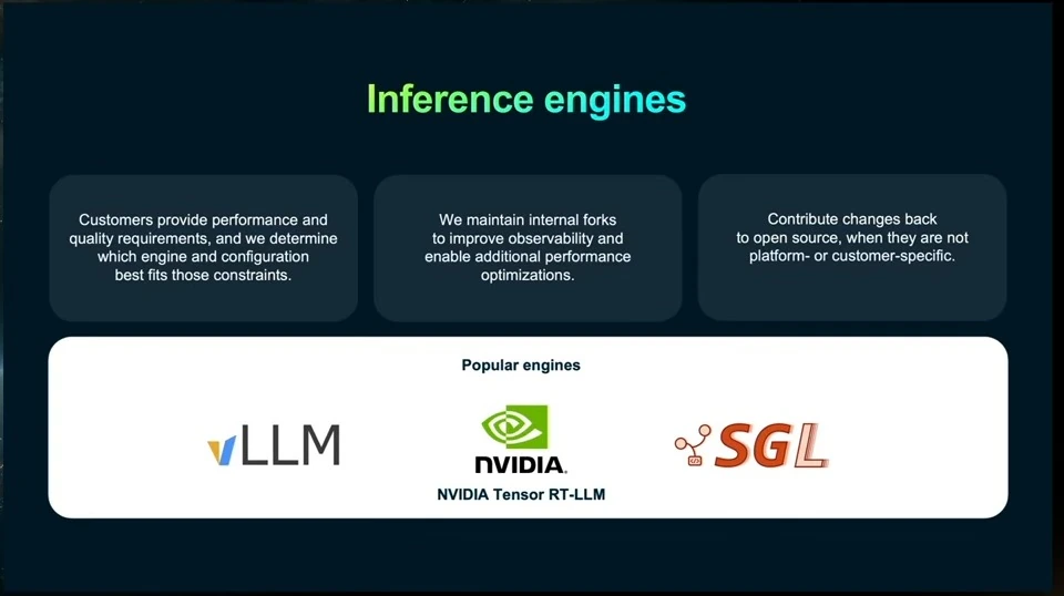 Cards describe engine selection, internal forks, and open-source contributions above logos for popular inference engines.
