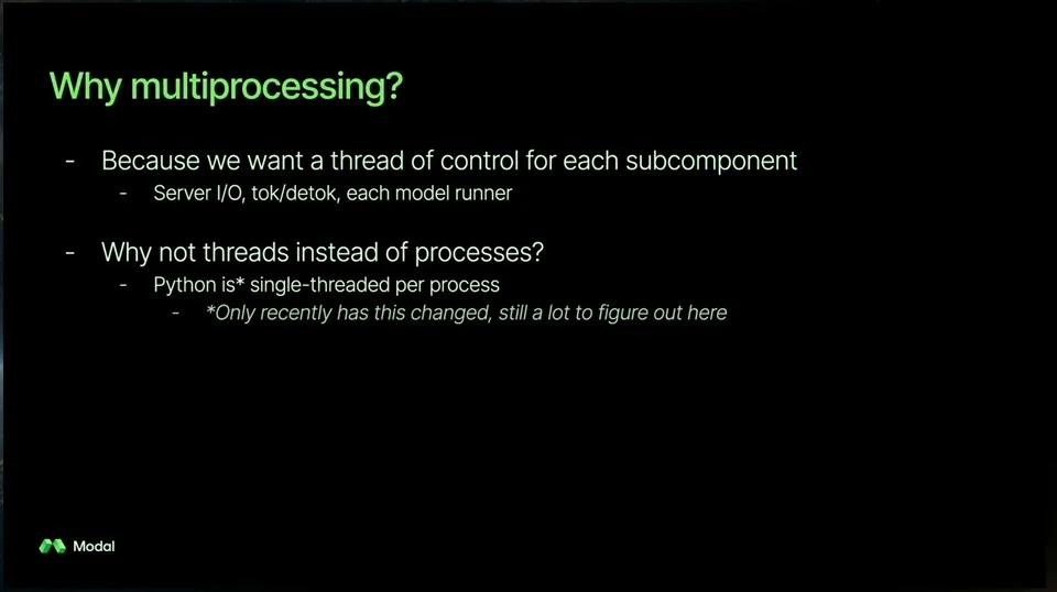 Slide explains separate control for inference engine components and discusses Python threading.