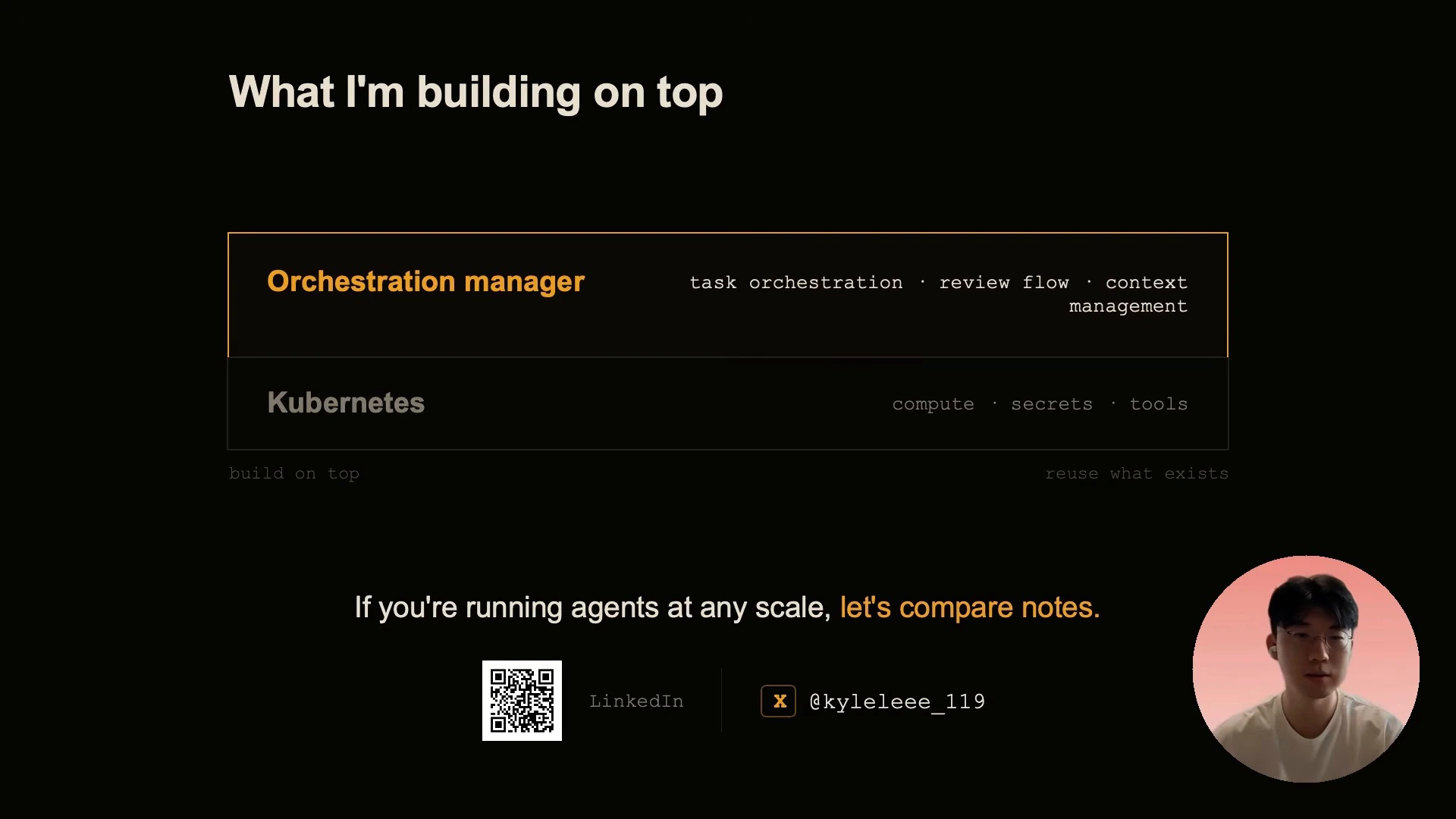 An orchestration manager for tasks, review flow and context management sits above Kubernetes resources.
