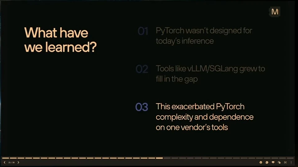 The highlighted third point says this exacerbated PyTorch complexity and dependence on one vendor’s tools.