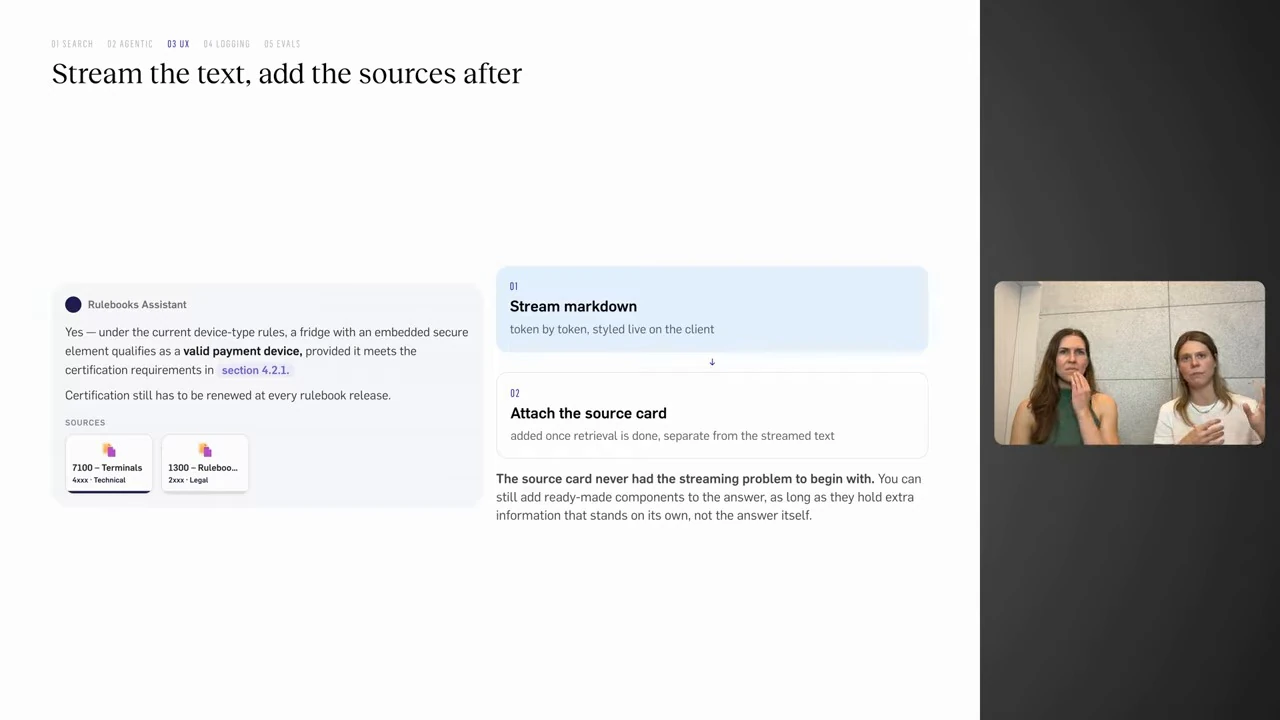 An assistant response illustrates streaming markdown first and attaching source cards afterward.