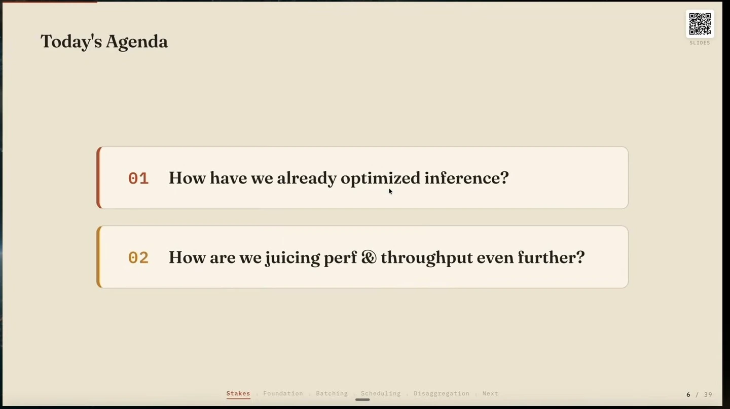 Two agenda questions ask how inference has already been optimized and how performance and throughput can be improved further.