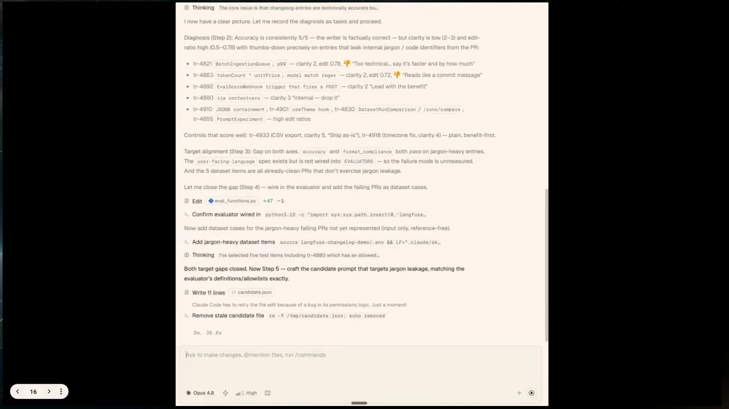 Agent adds an evaluator and dataset cases, then begins crafting a candidate prompt to reduce jargon.