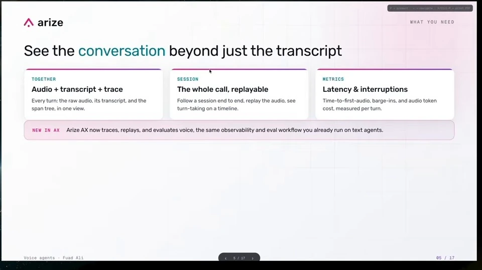 Three cards describe audio with transcripts and traces, replayable sessions, and latency and interruption metrics.