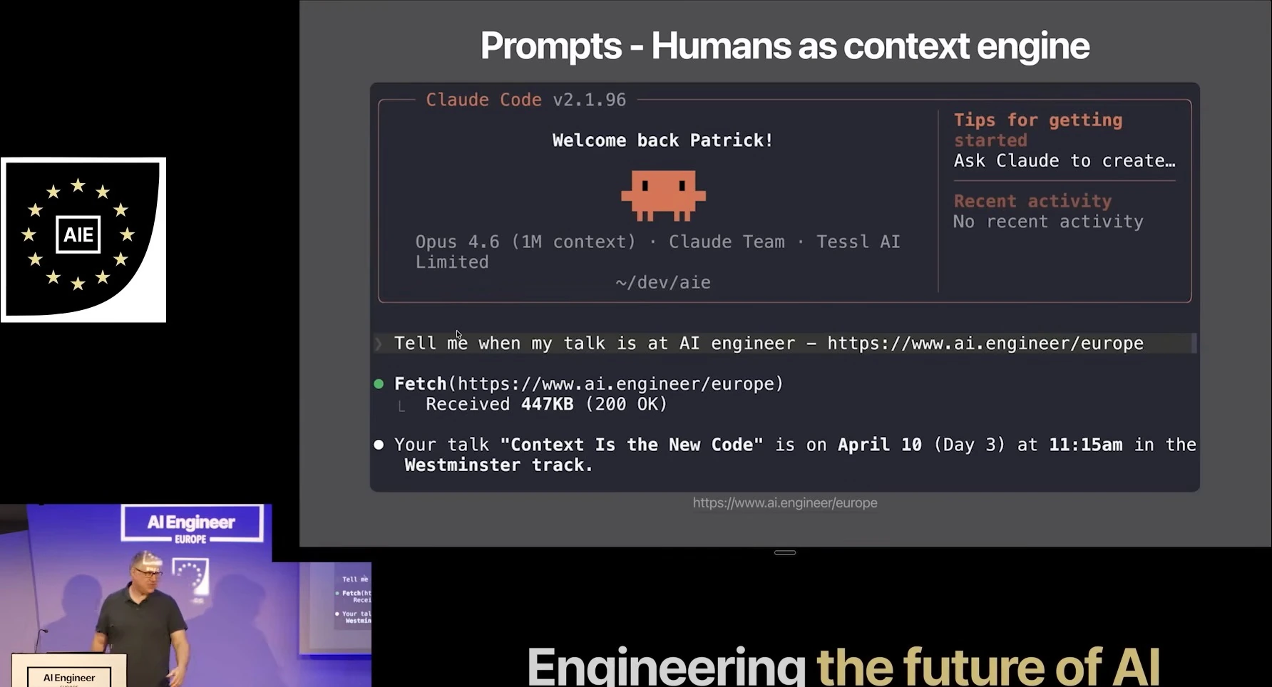 A coding assistant answers a prompt about the speaker's conference talk after fetching the event website.