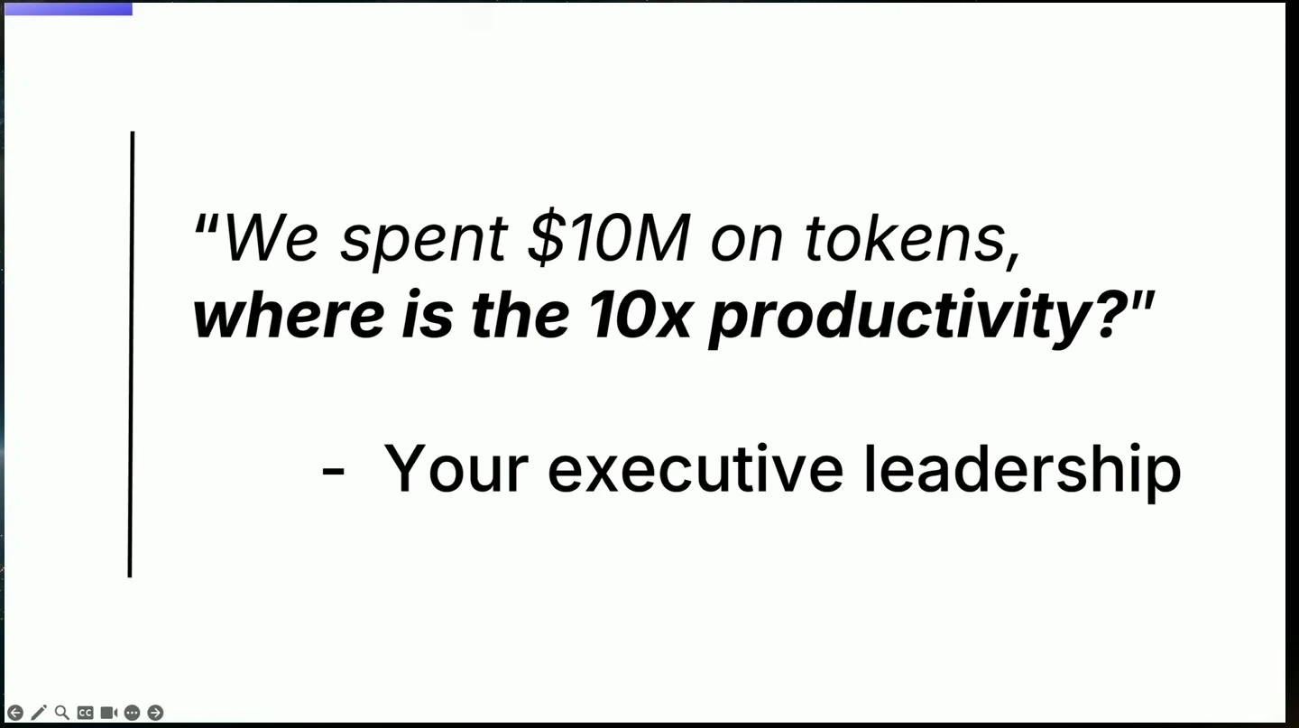 A rhetorical executive leadership quote asks where the tenfold productivity gain is after spending $10 million on tokens.