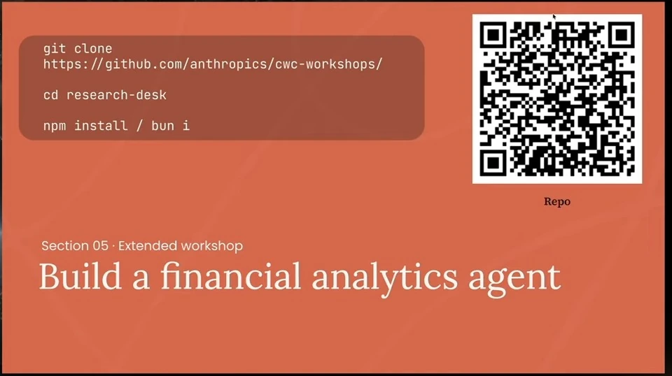 Workshop slide introducing a financial analytics agent, with repository setup commands and a QR code.