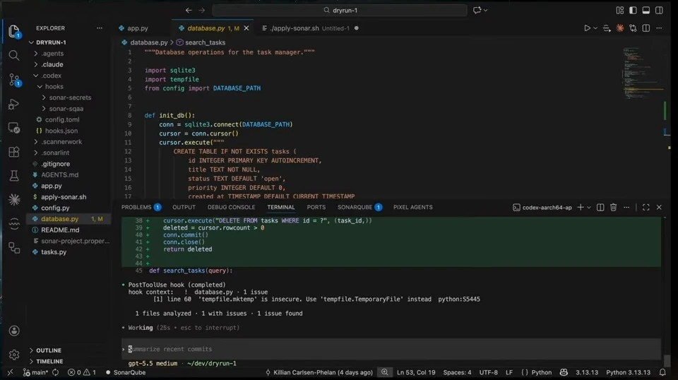 A code diff shows a parameterized task deletion, and the analysis hook reports an existing temporary-file issue.