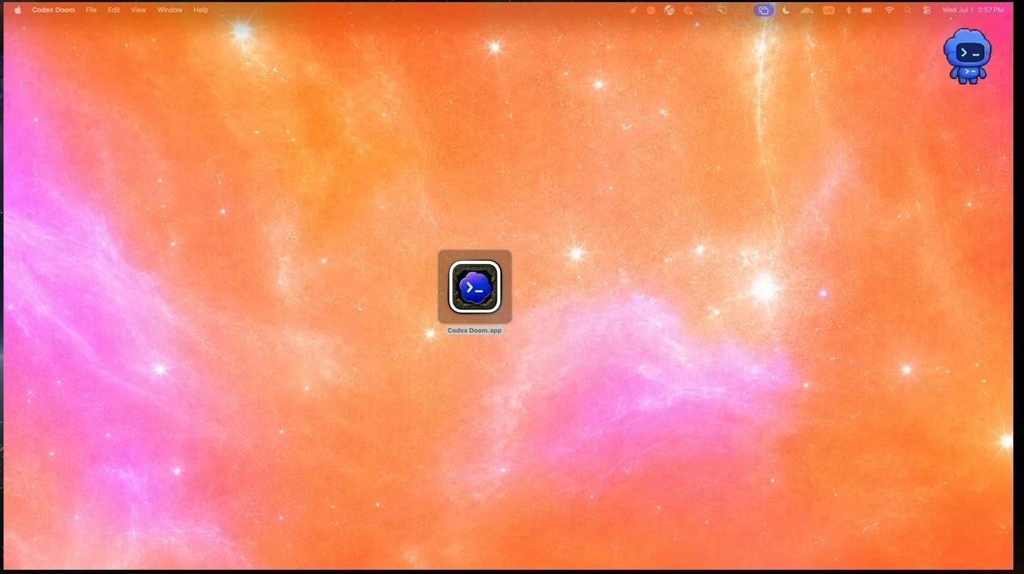 A macOS desktop shows the Codex Doom app icon.