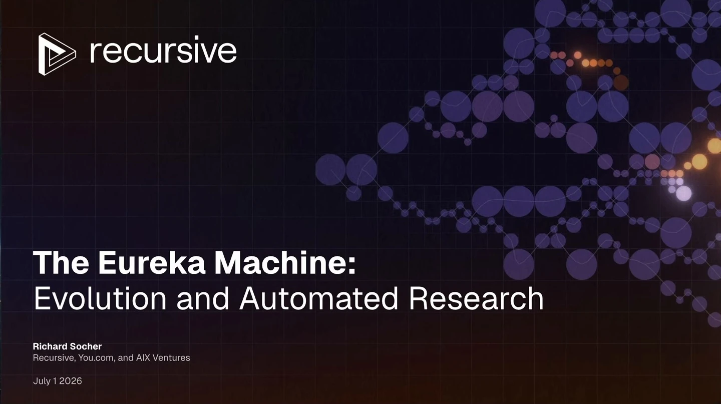 Title slide for Richard Socher’s talk, with Recursive branding and an abstract network graphic.