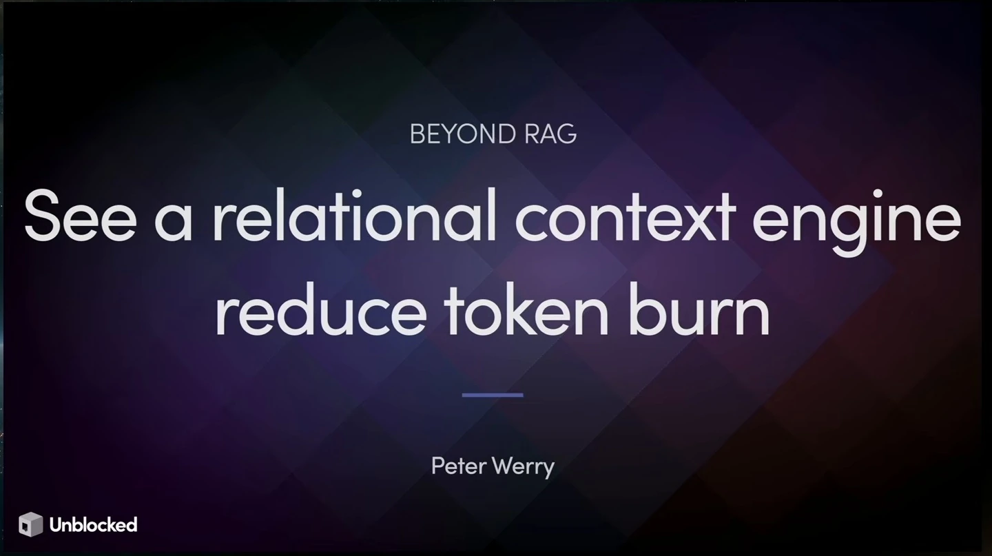 Title slide introducing a relational context engine and token reduction, presented by Peter Werry.