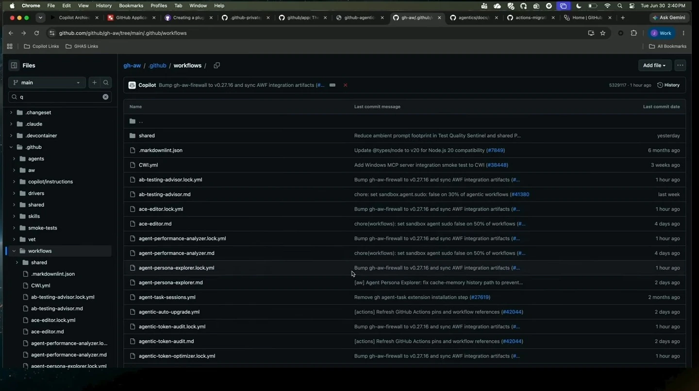 GitHub repository directory listing agentic workflow files and recent commit messages.