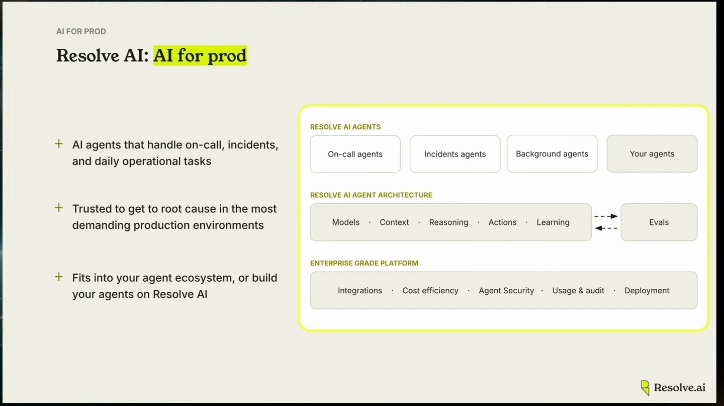Overview of Resolve AI agents, agent architecture, evaluations, and enterprise platform.
