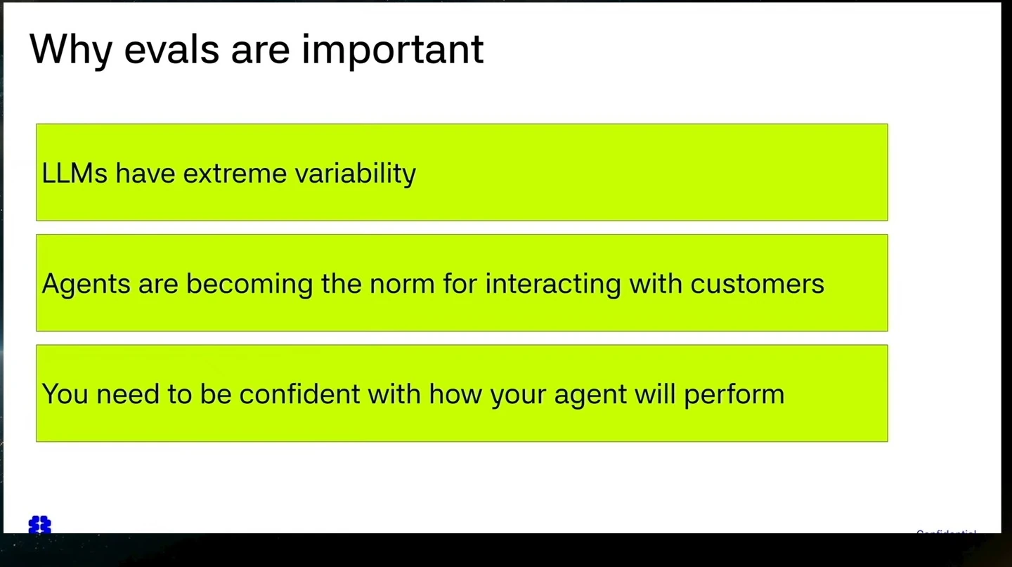 Three highlighted statements about LLM variability, customer-facing agents, and confidence in agent performance.