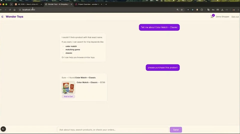 The assistant first fails to find a product by exact name, then displays a product card after a purchase request.