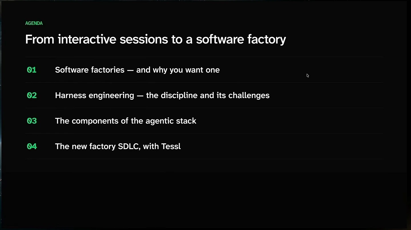 Agenda covering software factories, harness engineering, the agentic stack, and the factory development lifecycle with Tessl.
