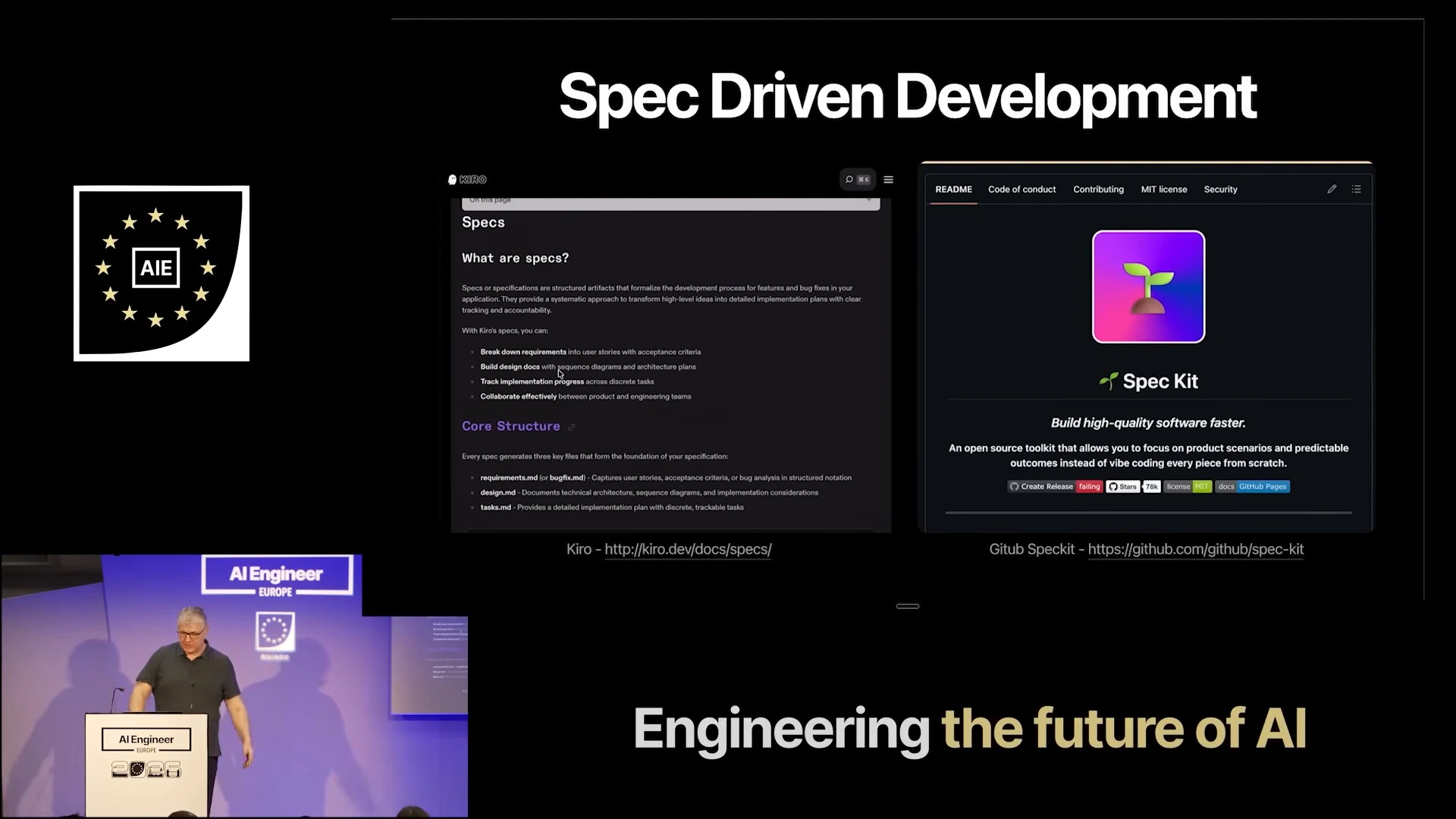 Kiro specifications and GitHub Spec Kit are shown as examples of specification-driven development.