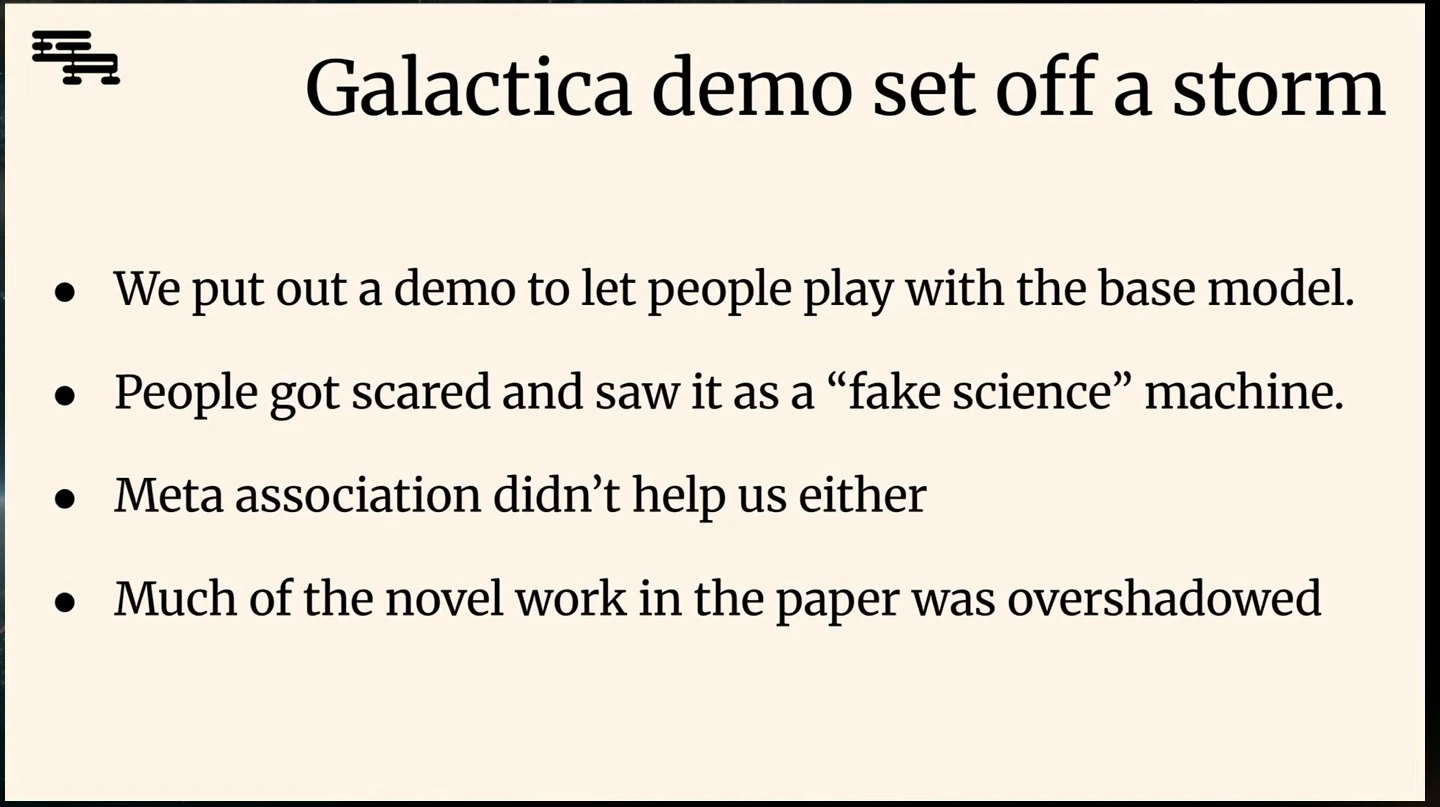 Bullets describe the Galactica demo, public concern, Meta association, and overshadowed research.