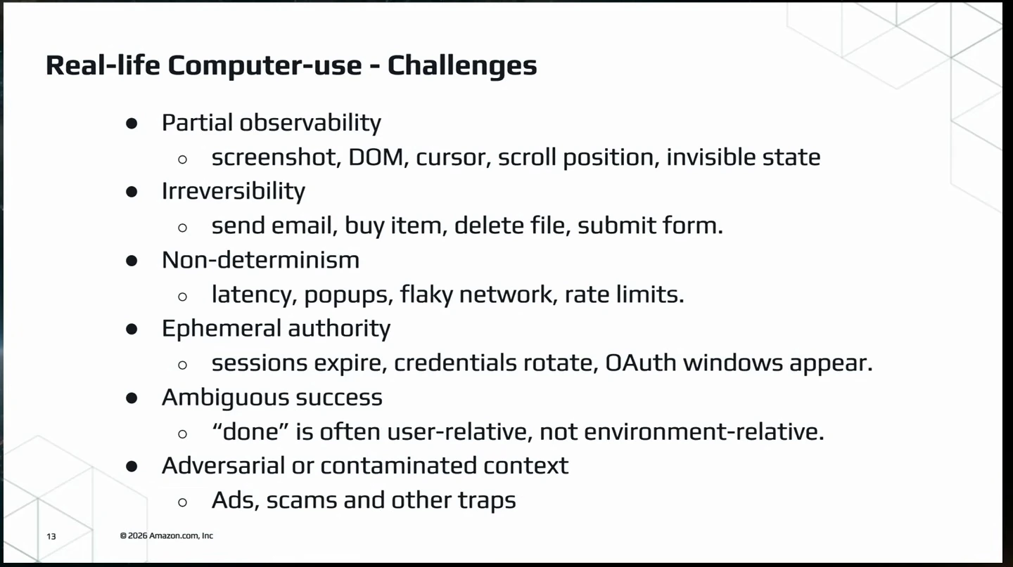 The slide lists partial observability, irreversibility, non-determinism, ephemeral authority, ambiguous success and adversarial context.
